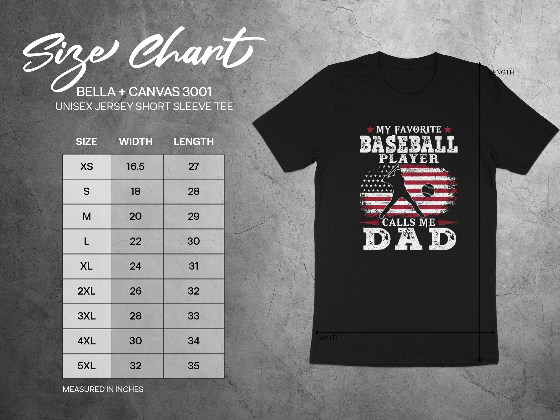 Bella + Canvas unisex jersey size chart with measurements and baseball dad graphic.