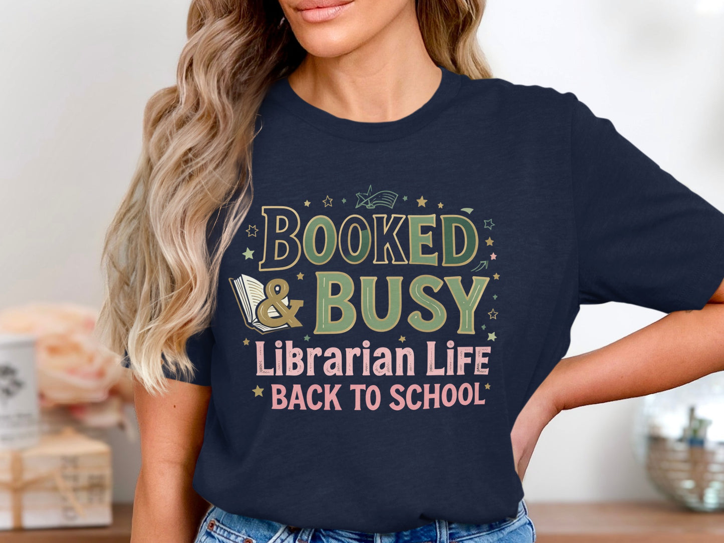 Navy t-shirt with "Booked & Busy Librarian Life Back to School" text.