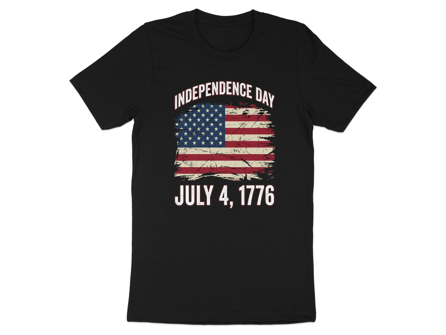 Black t-shirt with distressed American flag and "Independence Day July 4, 1776".