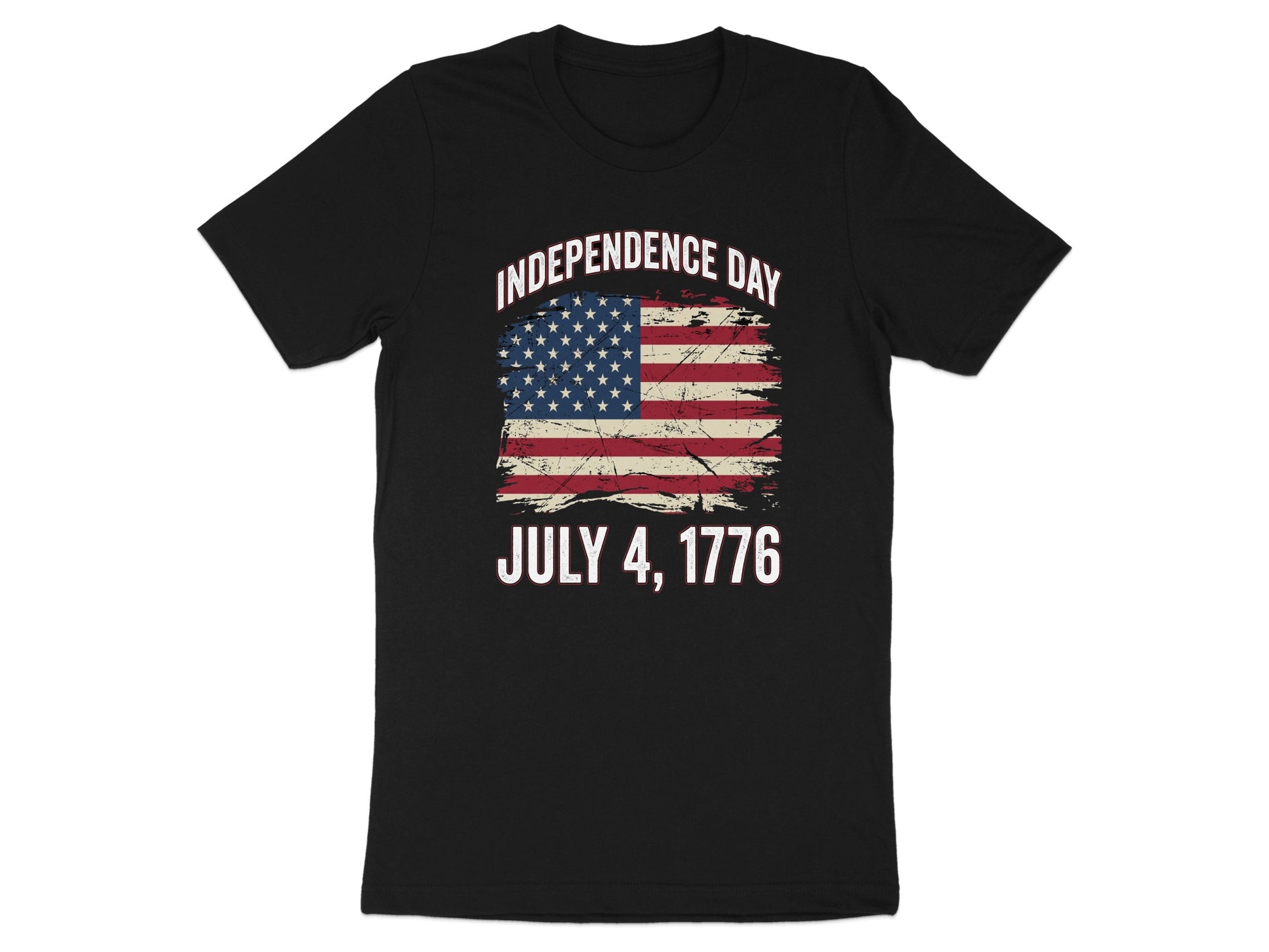 Black t-shirt with distressed American flag and "Independence Day July 4, 1776".
