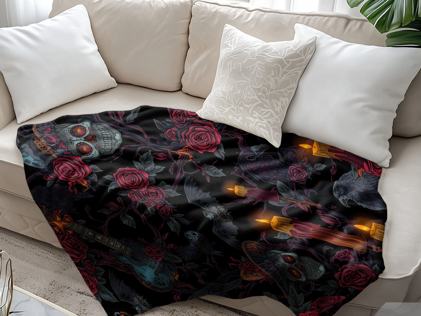 Skull and Rose Flame Guitar Print Throw Blanket product