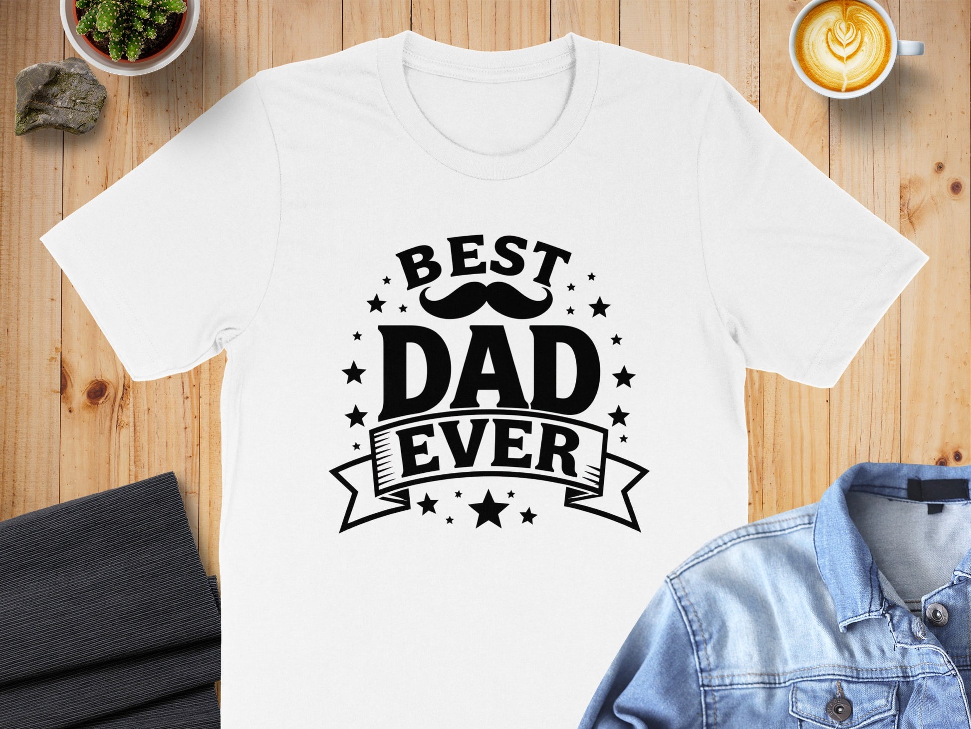 White t-shirt with "BEST DAD EVER" text and stars.