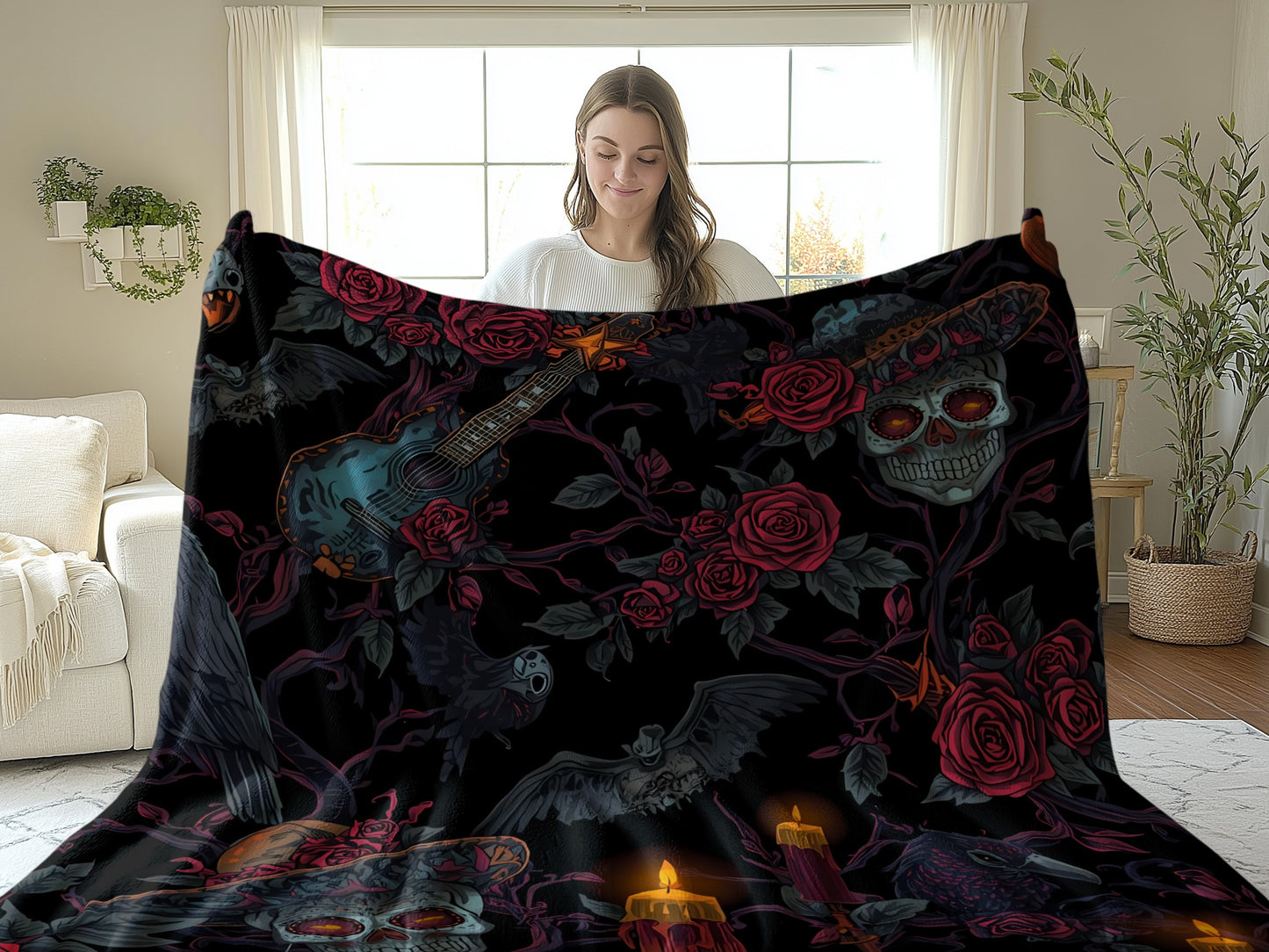 Gothic Skull and Roses Printed Blanket product