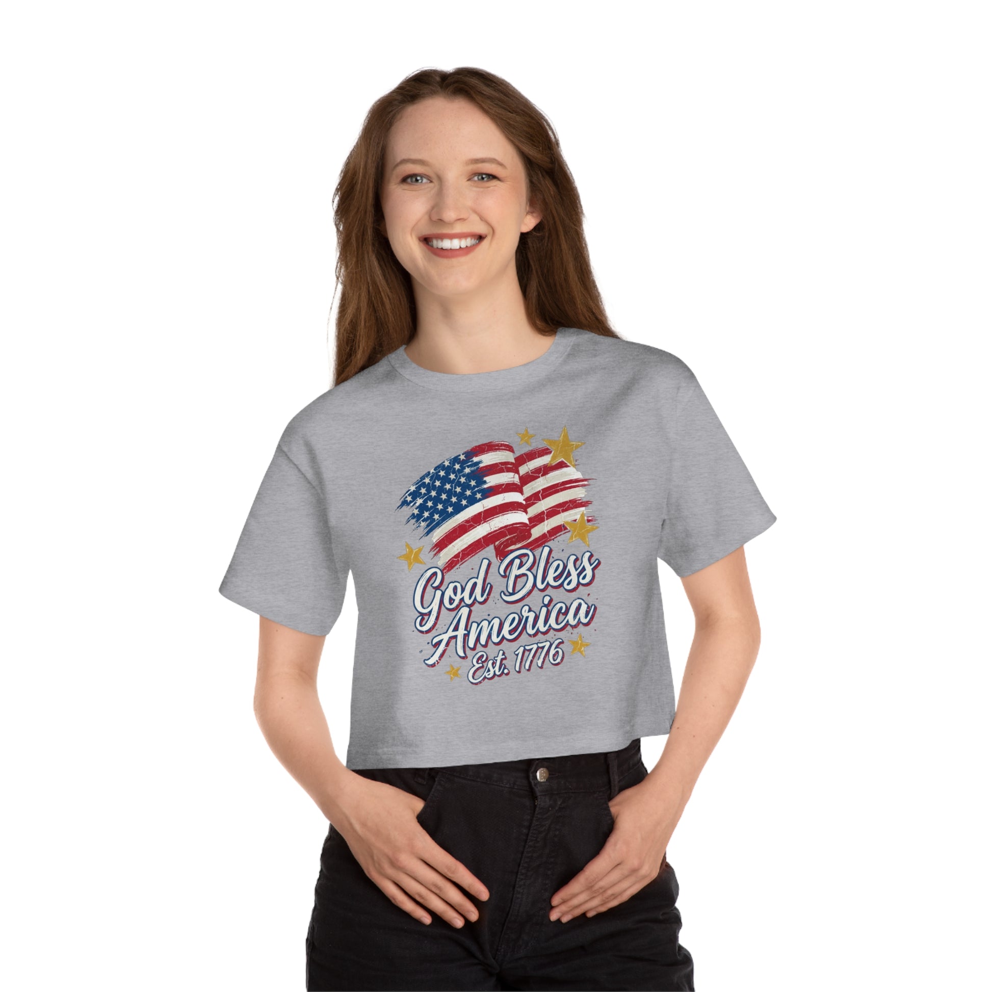 Gray crop top with "God Bless America Est. 1776" and American flag graphic