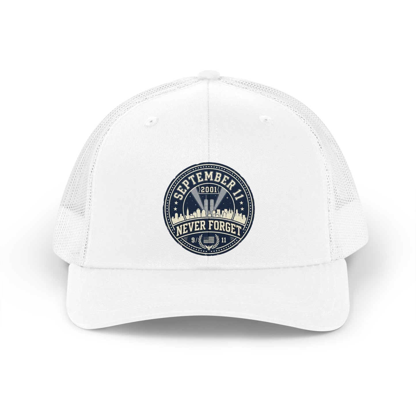 White trucker hat with "September 11 2001 Never Forget" and Twin Towers graphic.