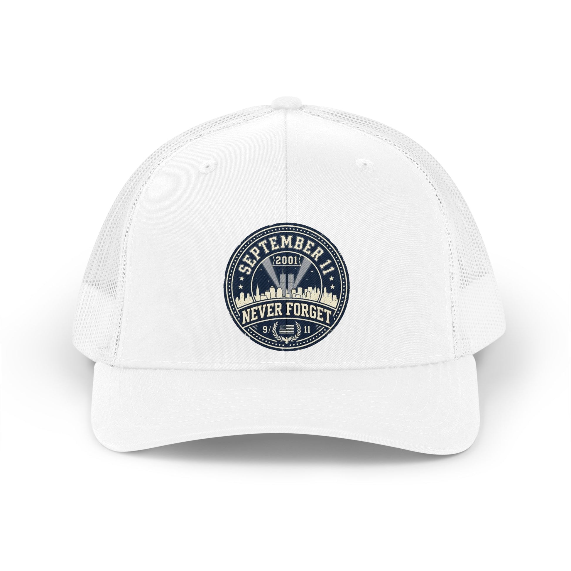White trucker hat with "September 11 2001 Never Forget" and Twin Towers graphic.