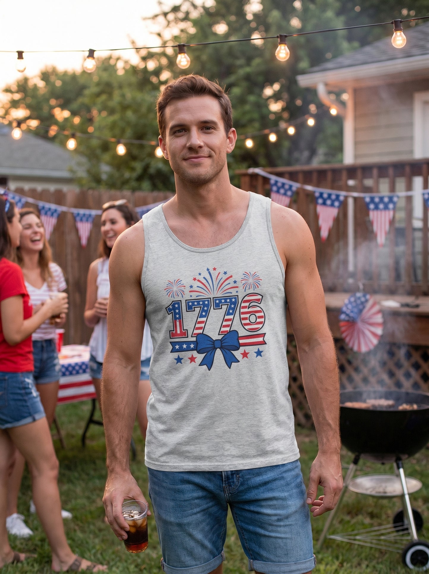 Lifestyle photo of man wearing Vintage Spirit of 1776 Tank Top