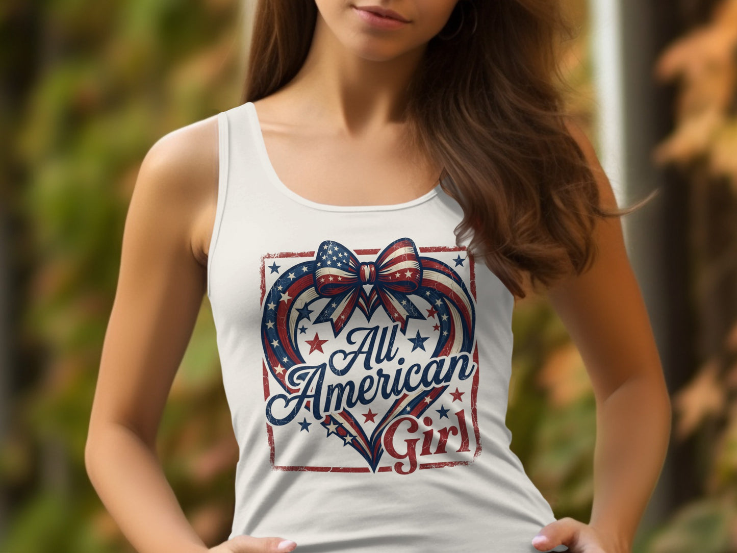 White tank top with "All American Girl" graphic in a heart shape and bow.