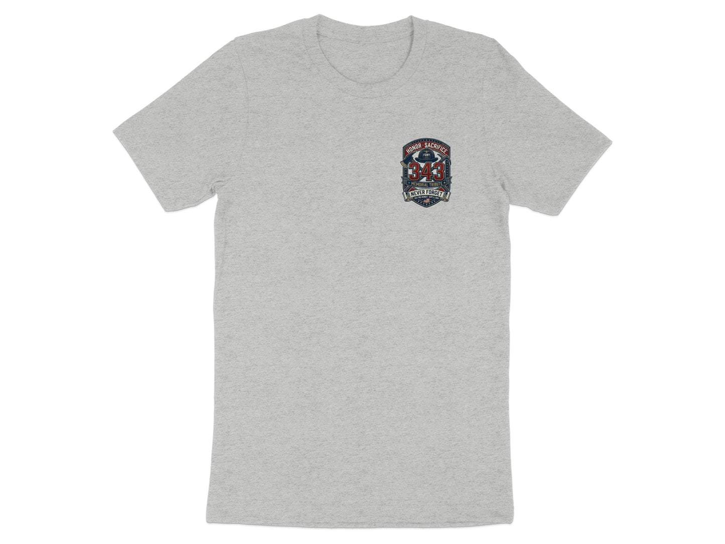 Grey t-shirt with FDNY 343 memorial tribute logo and "Never Forget" text.