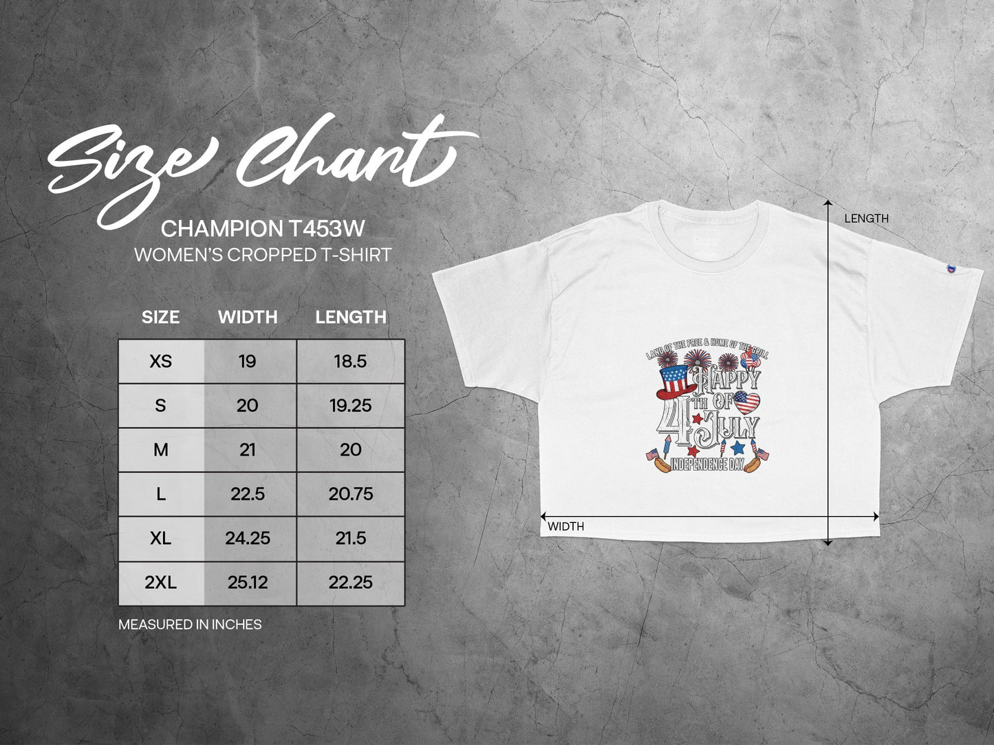 Champion T453W women's cropped t-shirt size chart with width and length measurements.