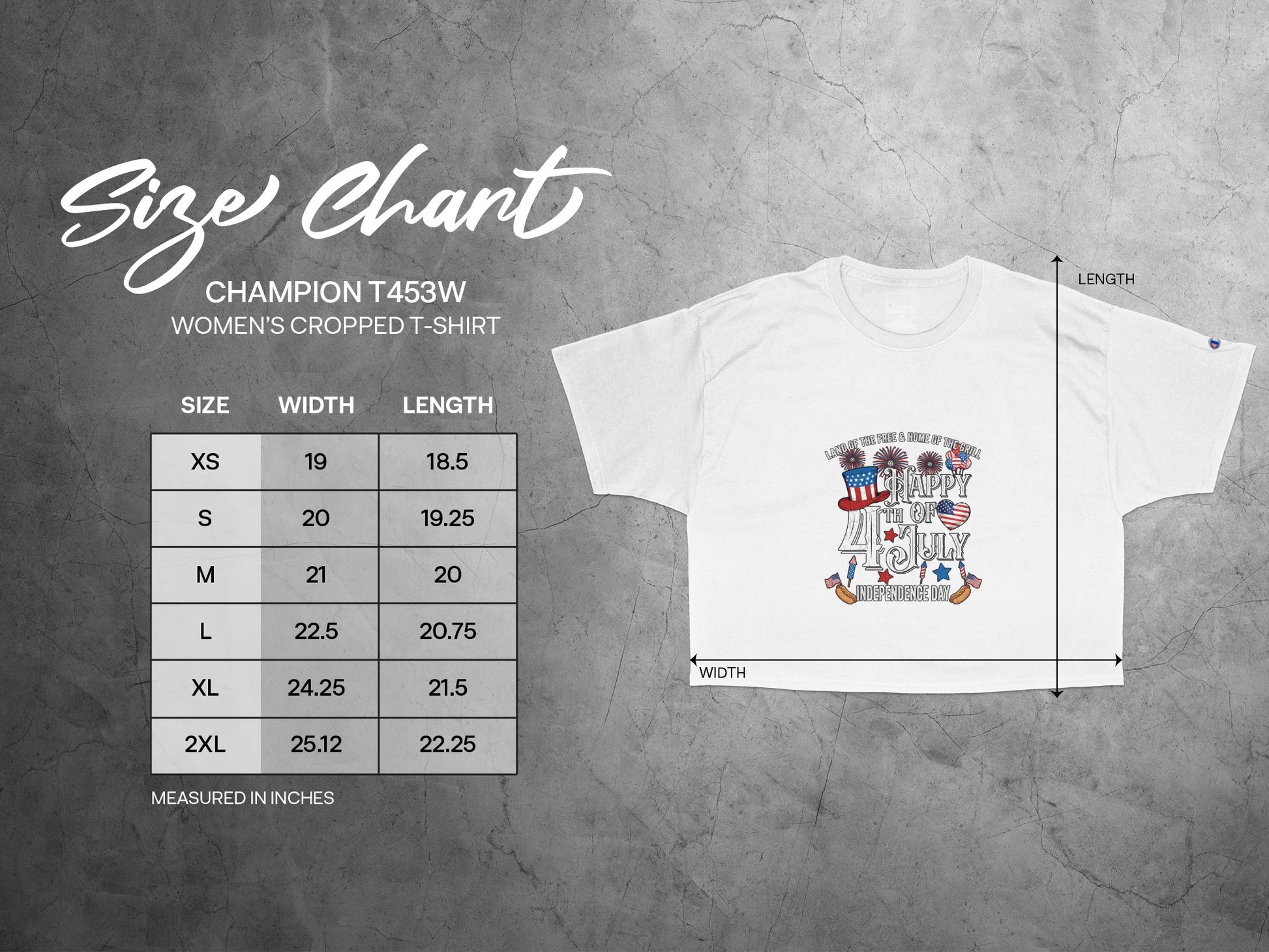 Champion T453W women's cropped t-shirt size chart with width and length measurements.