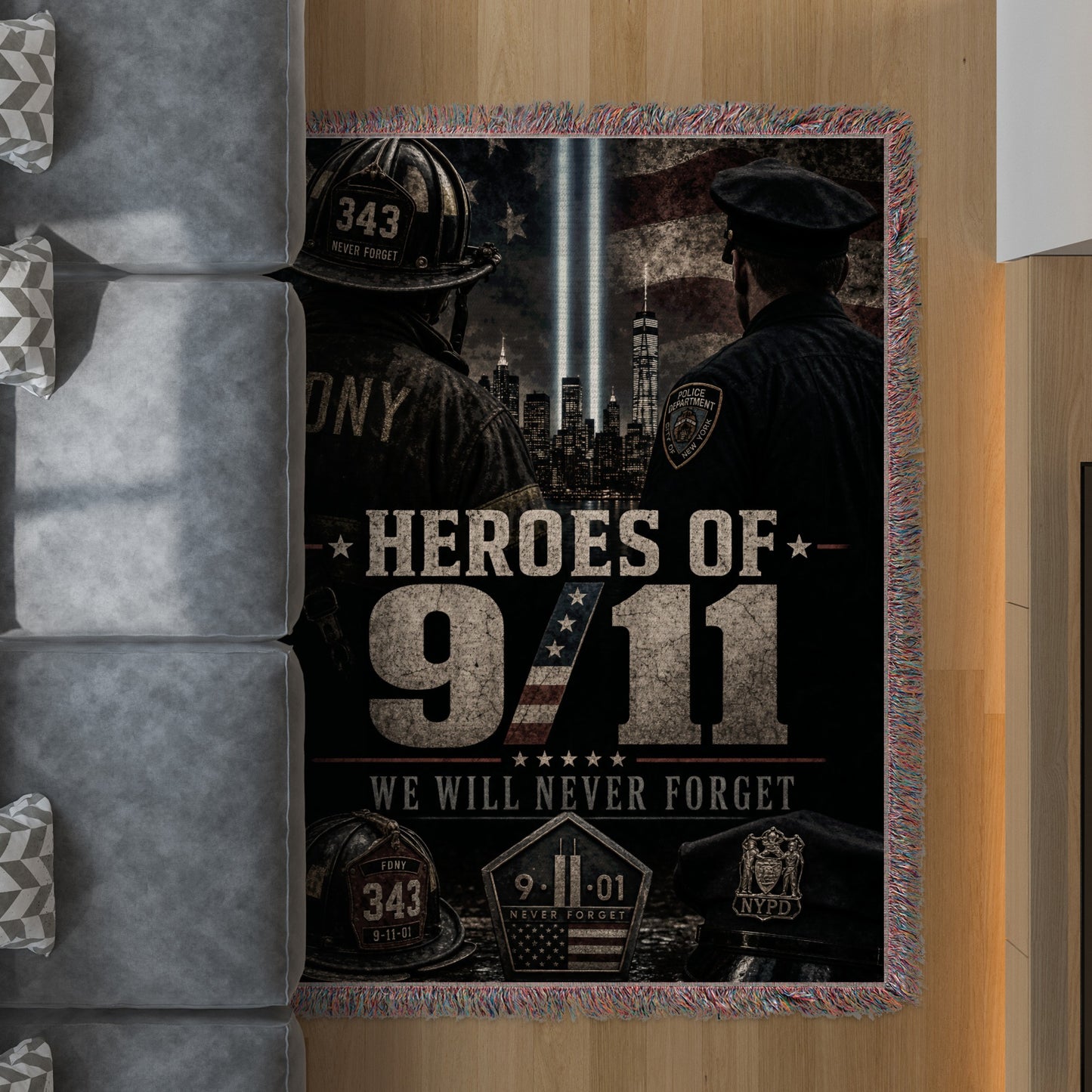 Woven throw depicting "Heroes of 9/11" with firefighters, police, and Twin Towers.