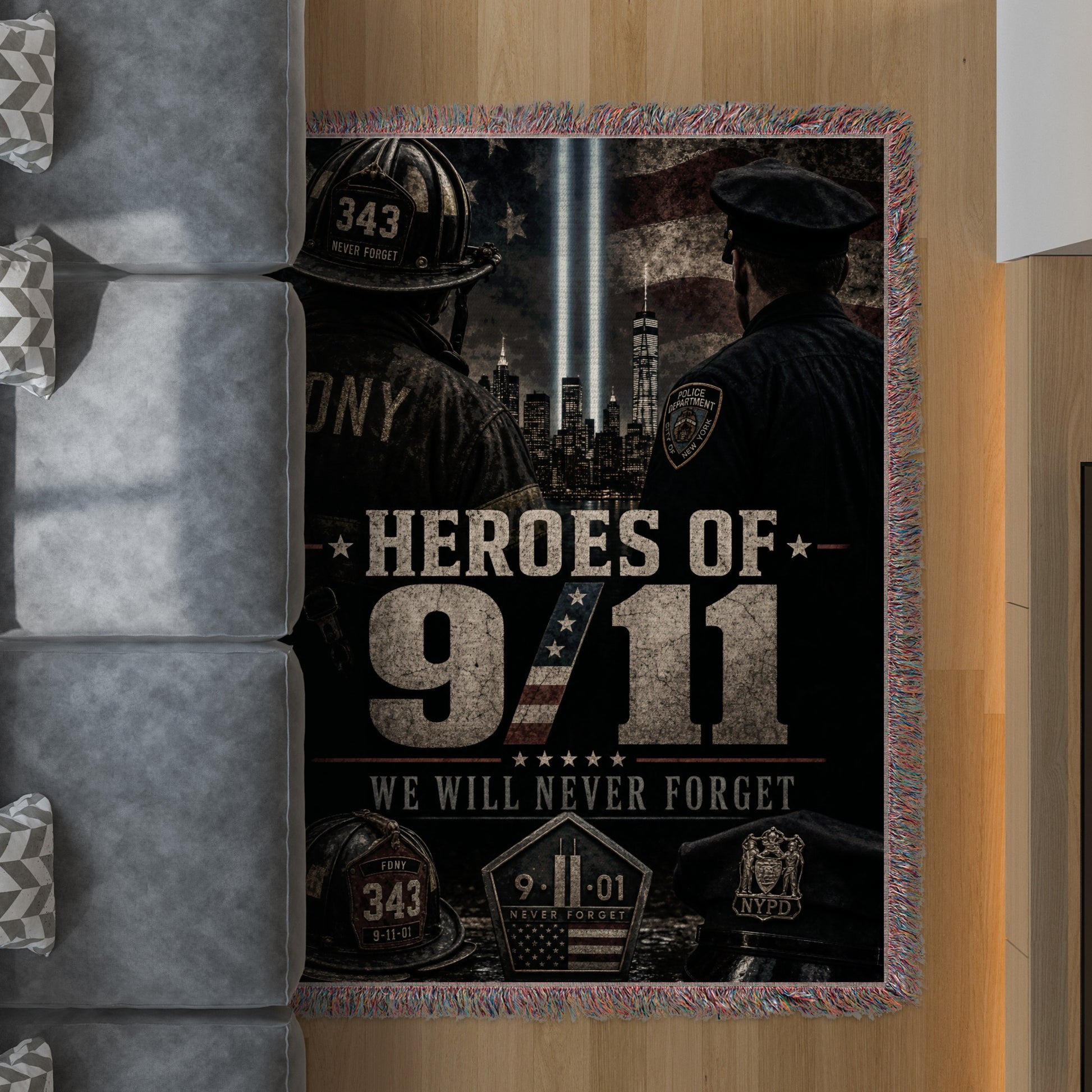 Woven throw depicting "Heroes of 9/11" with firefighters, police, and Twin Towers.