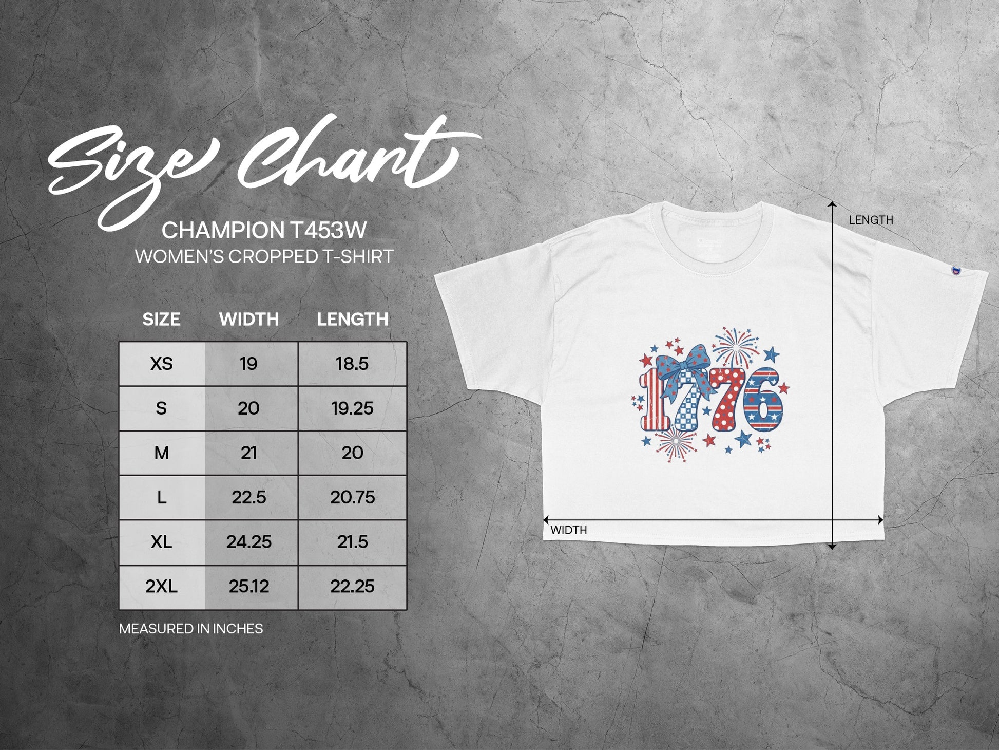 Champion T453W women's cropped t-shirt size chart with width and length measurements in inches.