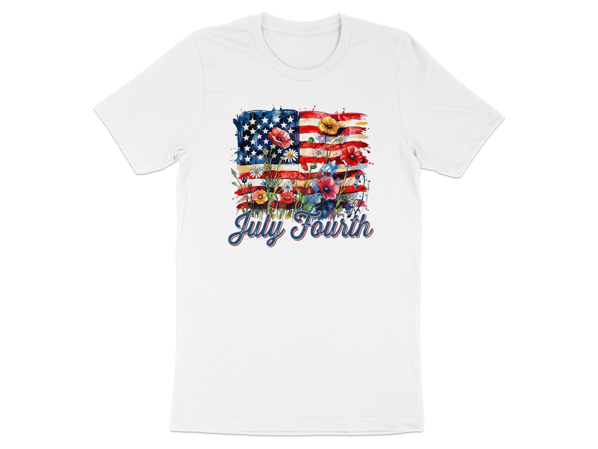 White t-shirt with watercolor American flag and "July Fourth" text.