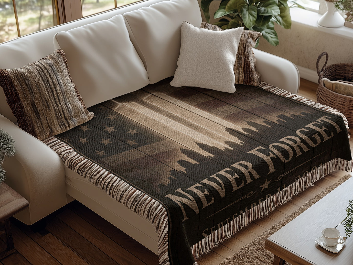 Woven blanket with "Never Forget September 11, 2001" and cityscape on distressed wood.