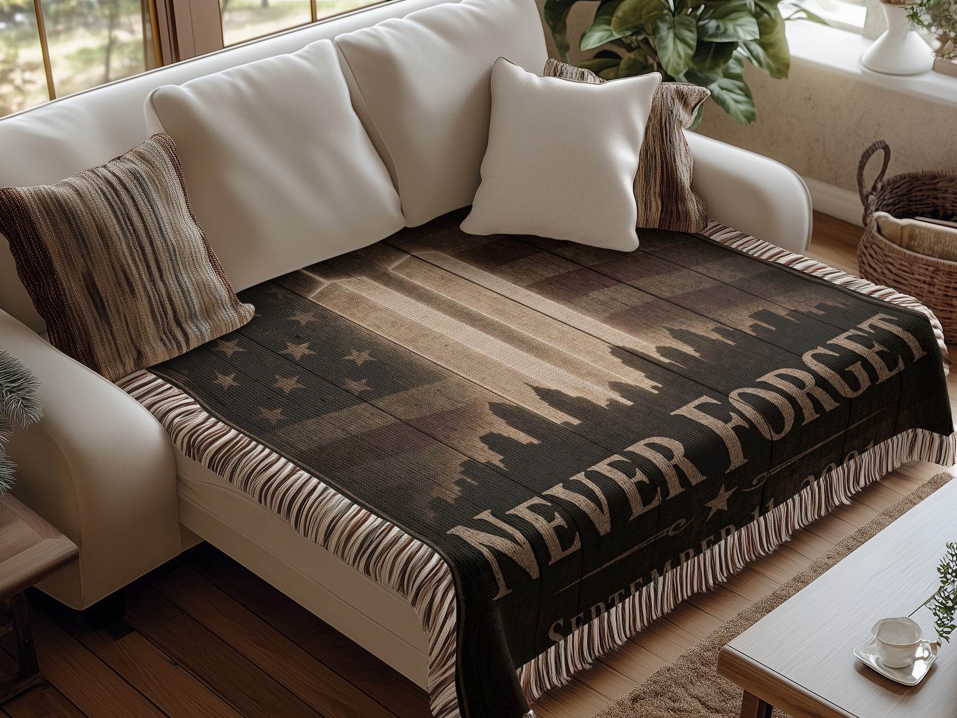 Woven blanket with "Never Forget September 11, 2001" and cityscape on distressed wood.
