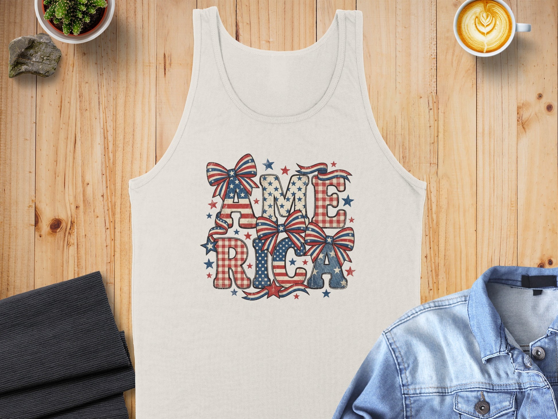 Tank top with American flag design text "RICA" and patriotic bow.