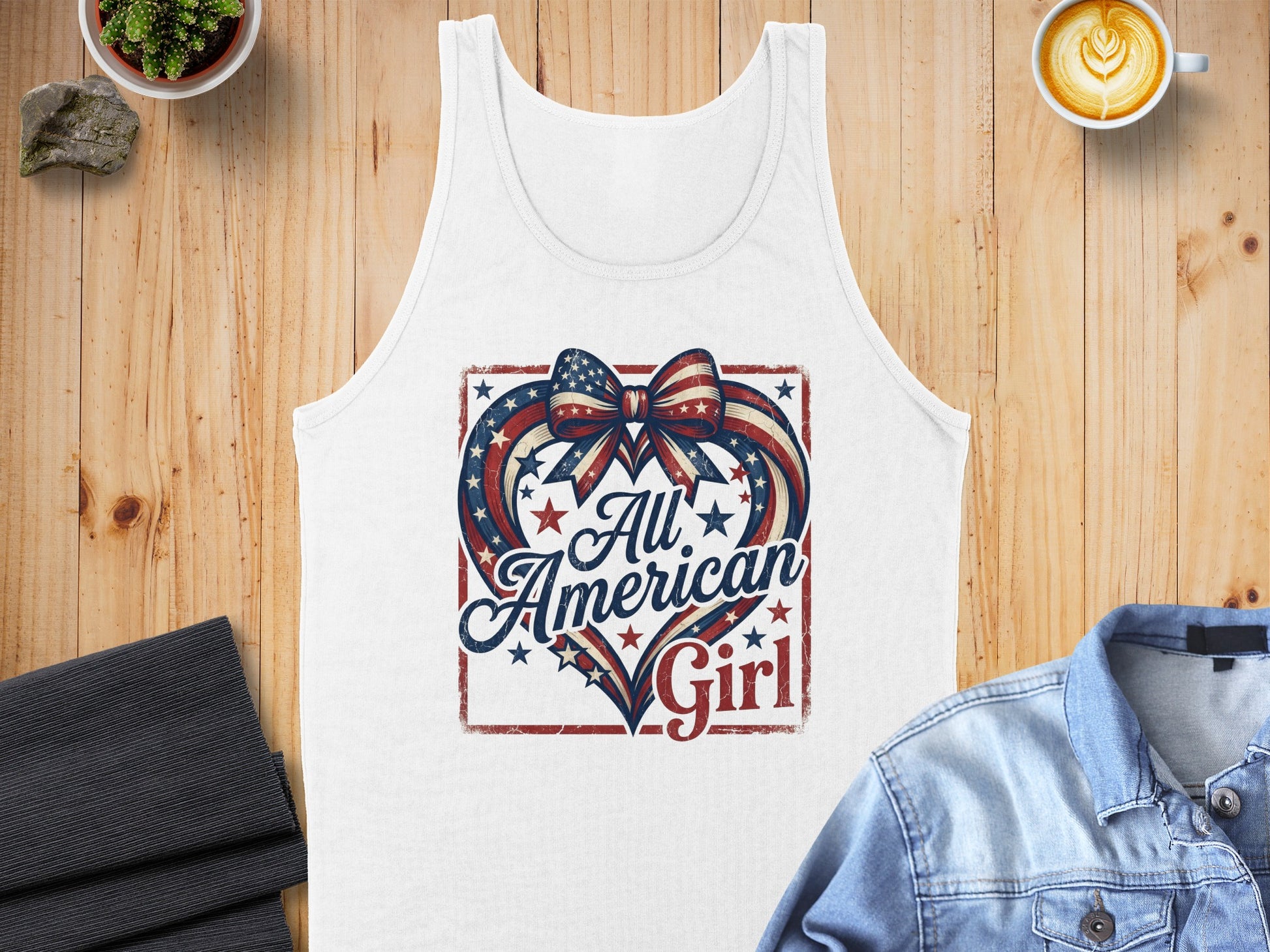 White tank top with "All American Girl" text and heart design.