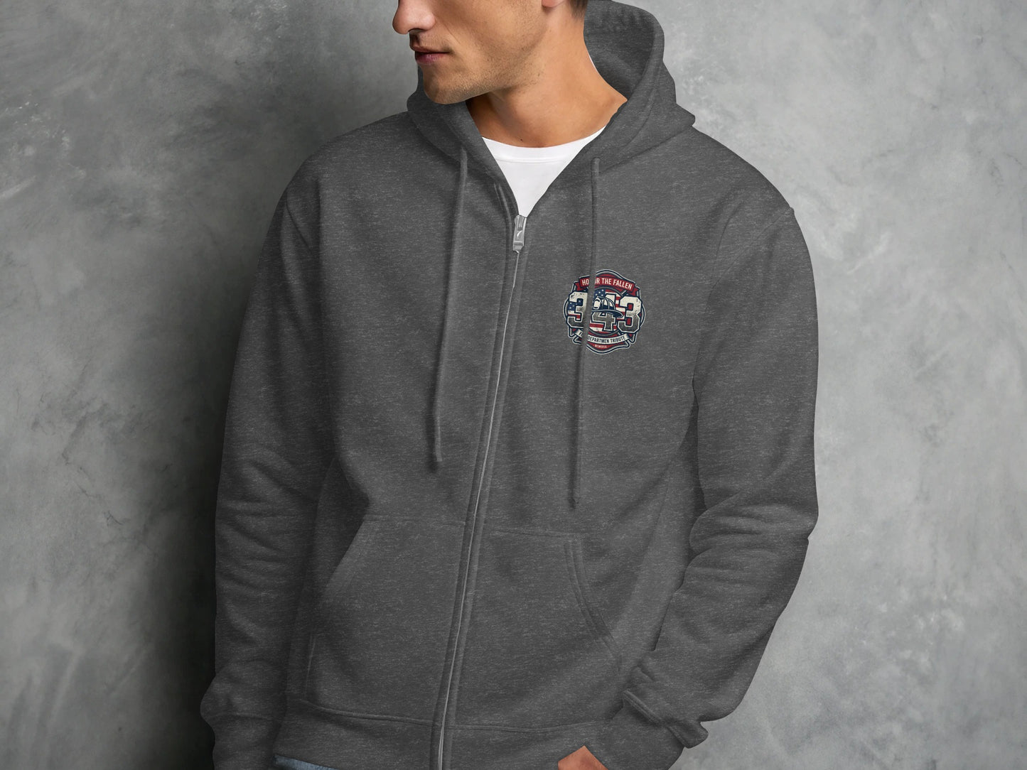 Dark grey zip-up hoodie on a man with a "343" badge.