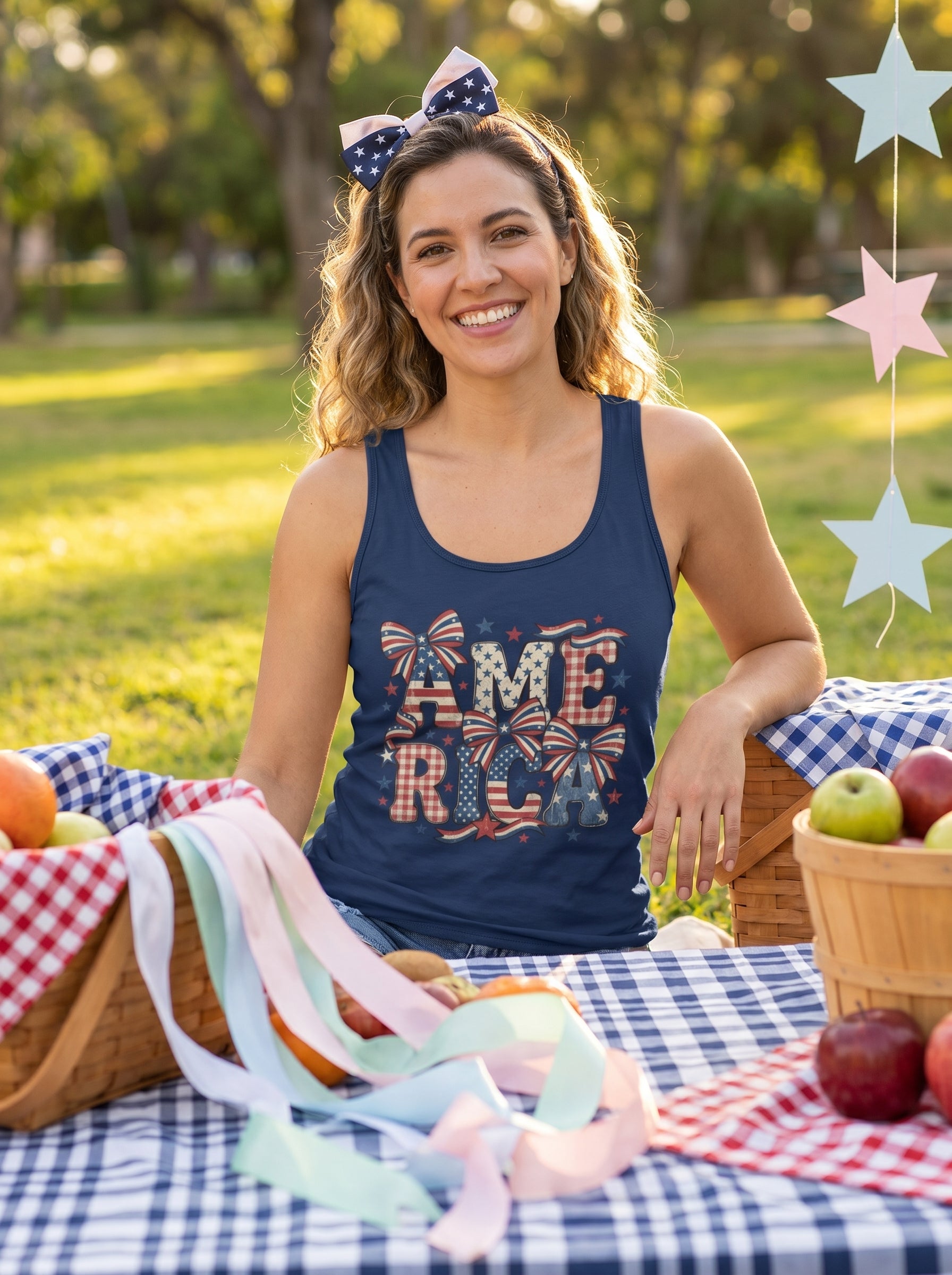 Lifestyle photo of woman wearing Vintage America Bows & Stars Tank Top