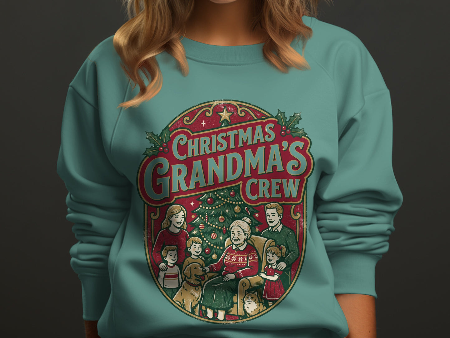 Christmas Grandma's Crew graphic with family, pets, and tree on a teal sweatshirt.