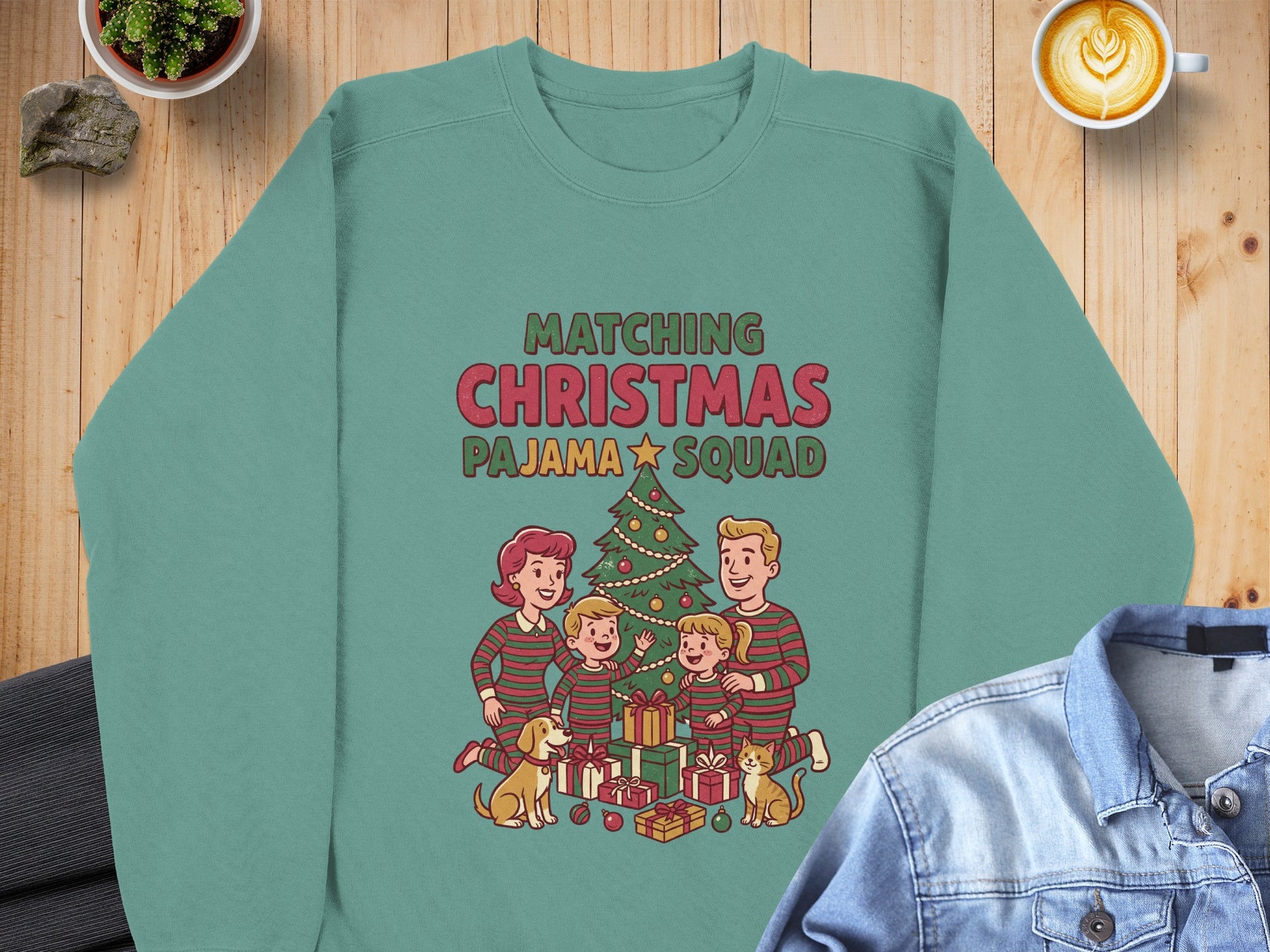 Teal crewneck sweatshirt with "Matching Christmas Pajama Squad" and a festive family illustration.