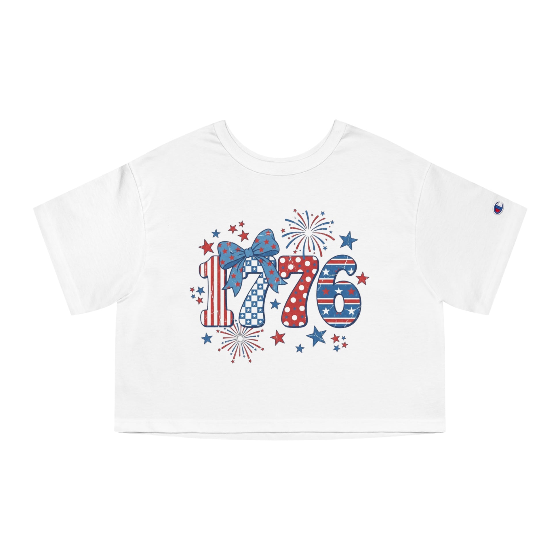 White t-shirt with red, white, and blue "1776" graphic and fireworks.