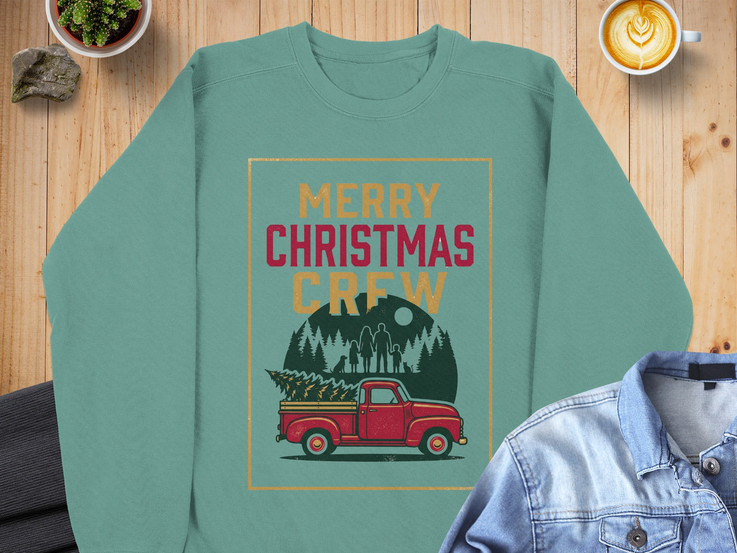 Teal sweatshirt with "Merry Christmas Crew" text, red truck, and family.