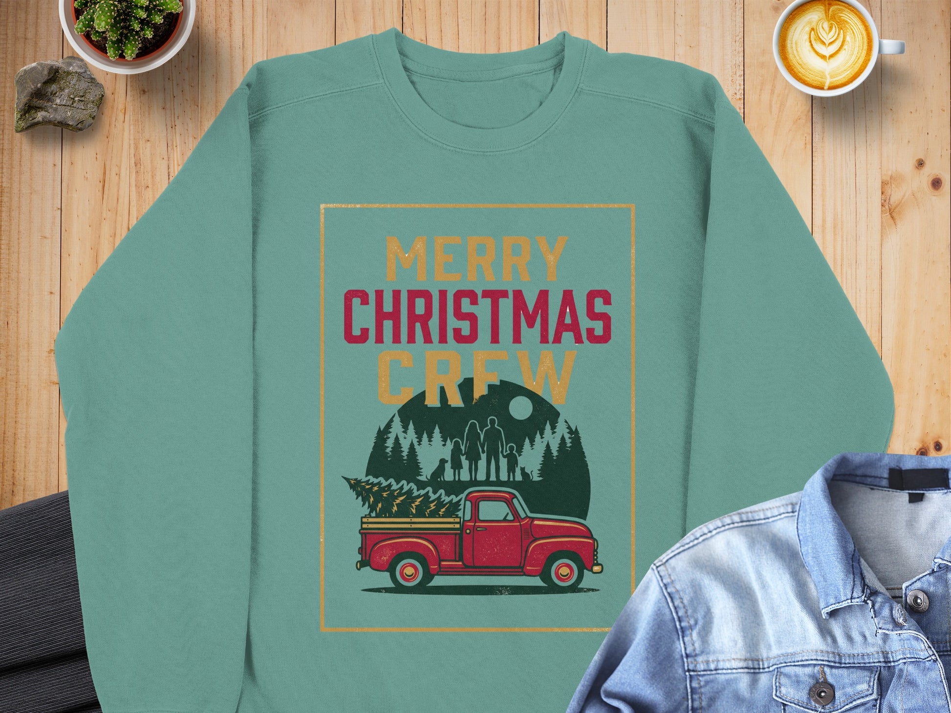 Teal sweatshirt with "Merry Christmas Crew" text, red truck, and family.