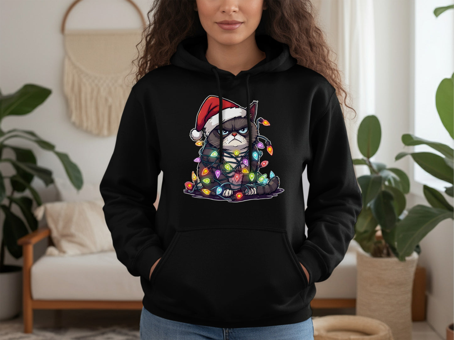 Grumpy Cat Wearing Santa Hat with Christmas Lights Hoodie