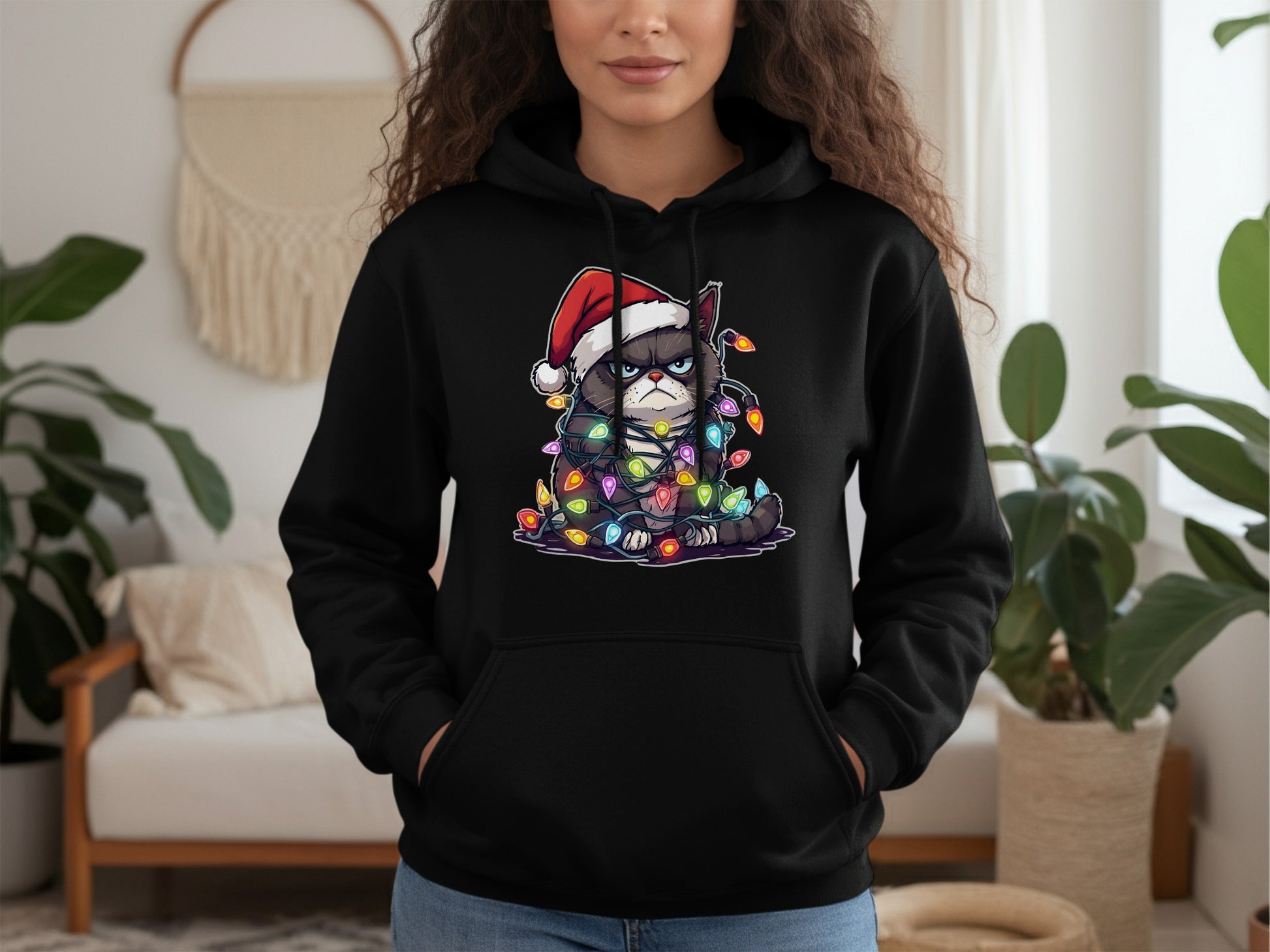 Grumpy Cat Wearing Santa Hat with Christmas Lights Hoodie
