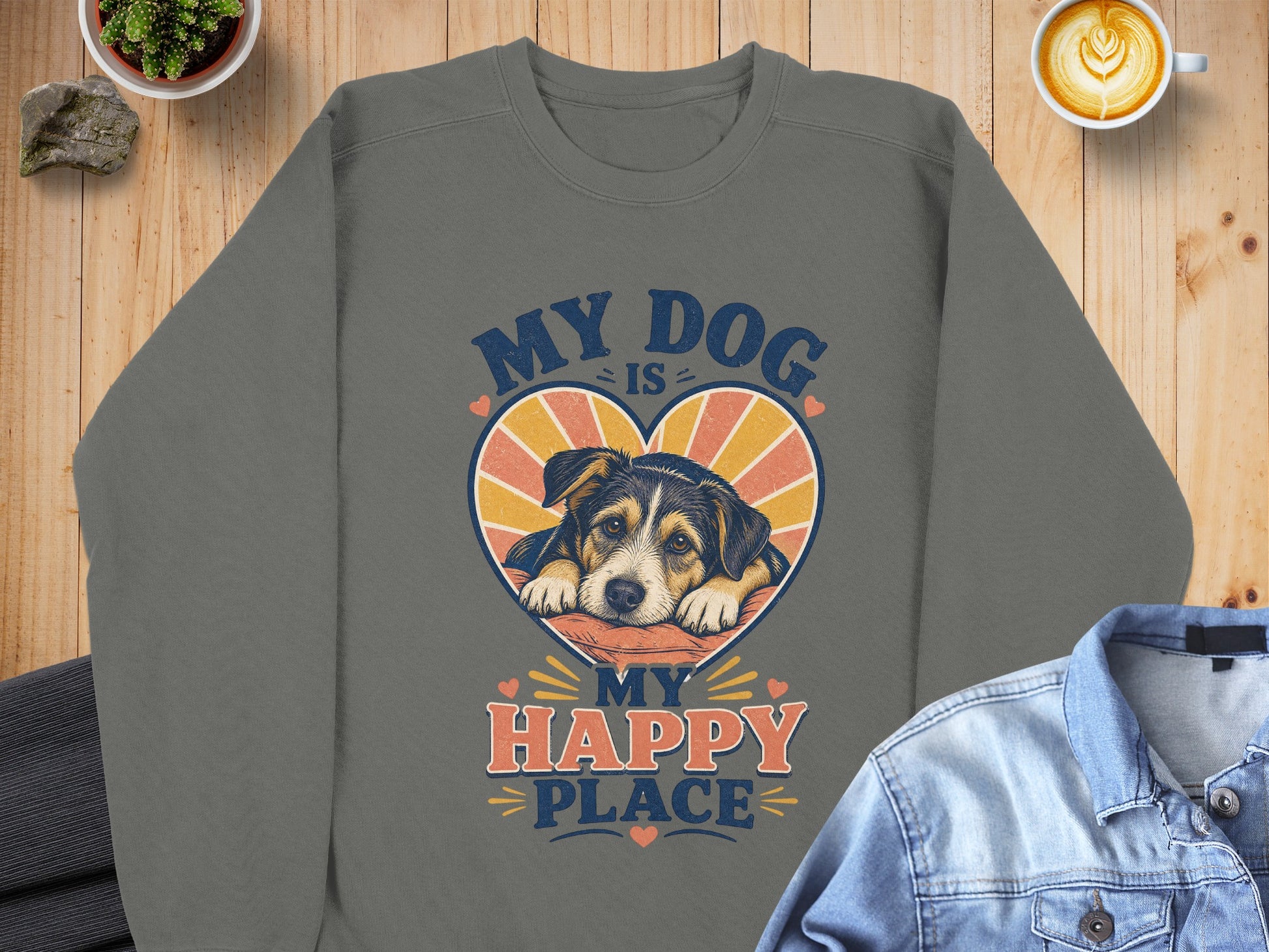 Grey sweatshirt with "My Dog Is My Happy Place" text and dog graphic.