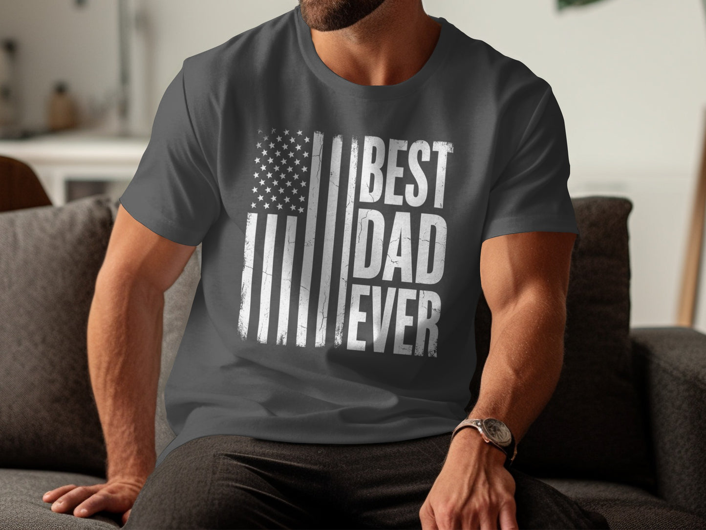 Dark grey t-shirt with distressed American flag and "BEST DAD EVER" text.