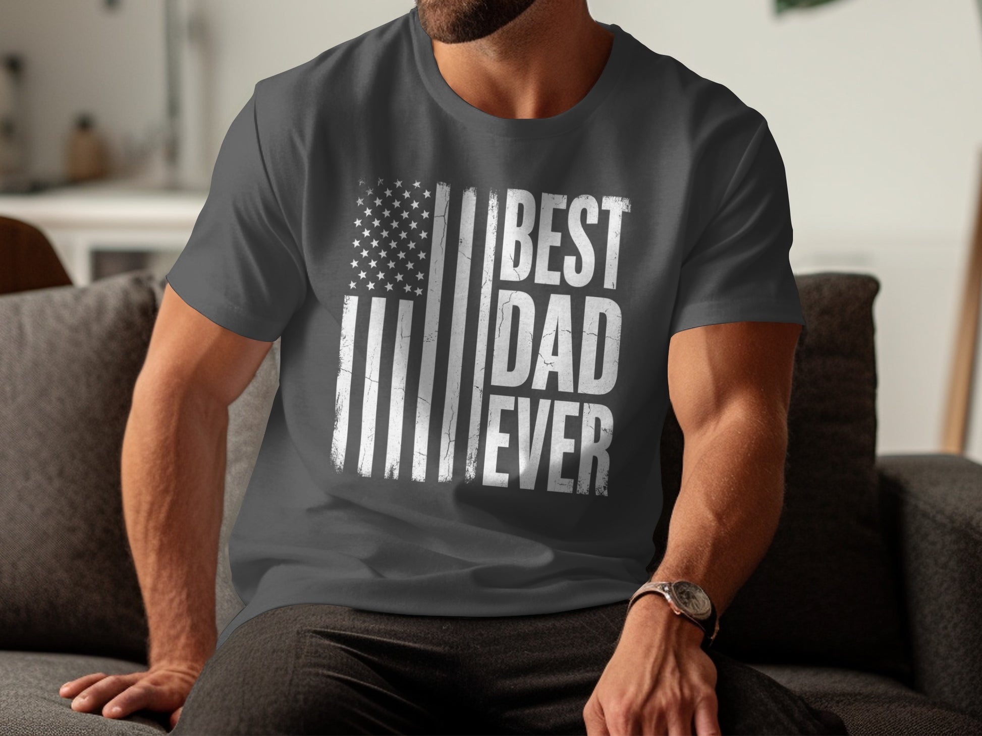 Dark grey t-shirt with distressed American flag and "BEST DAD EVER" text.