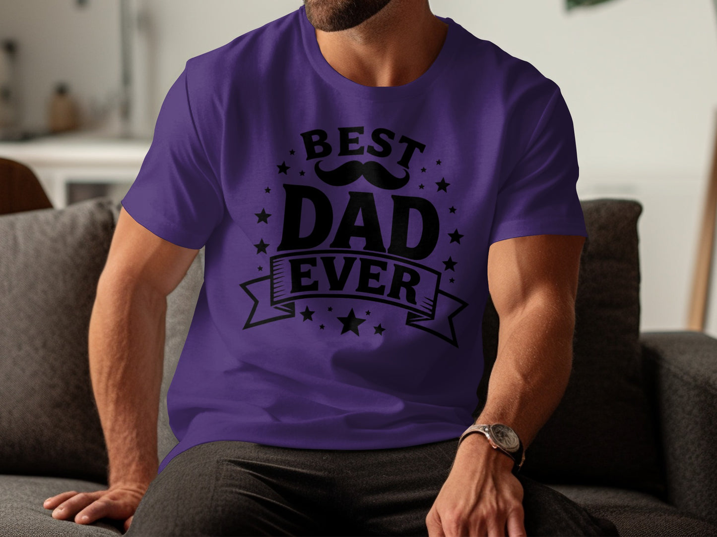 Purple t-shirt with "Best Dad Ever" text, mustache, and stars graphic.
