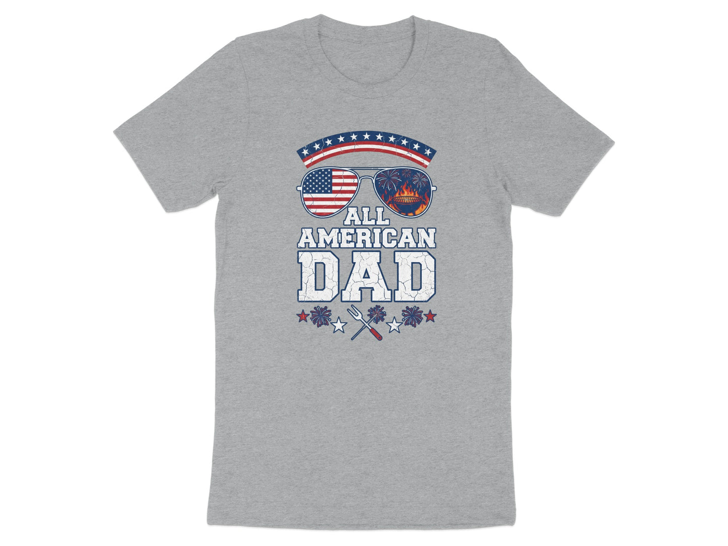 Gray t-shirt with "All American Dad" text and patriotic sunglasses graphic.