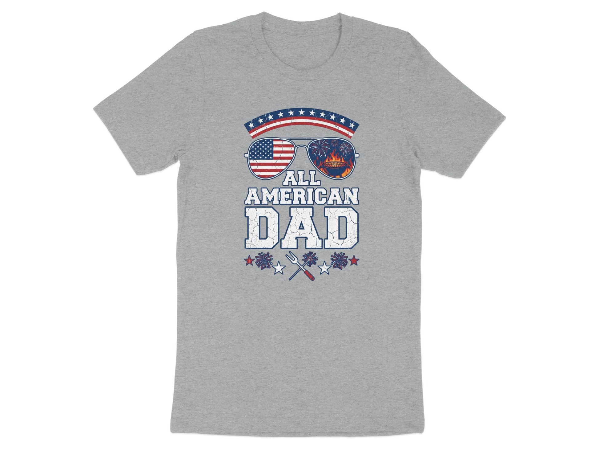 Gray t-shirt with "All American Dad" text and patriotic sunglasses graphic.