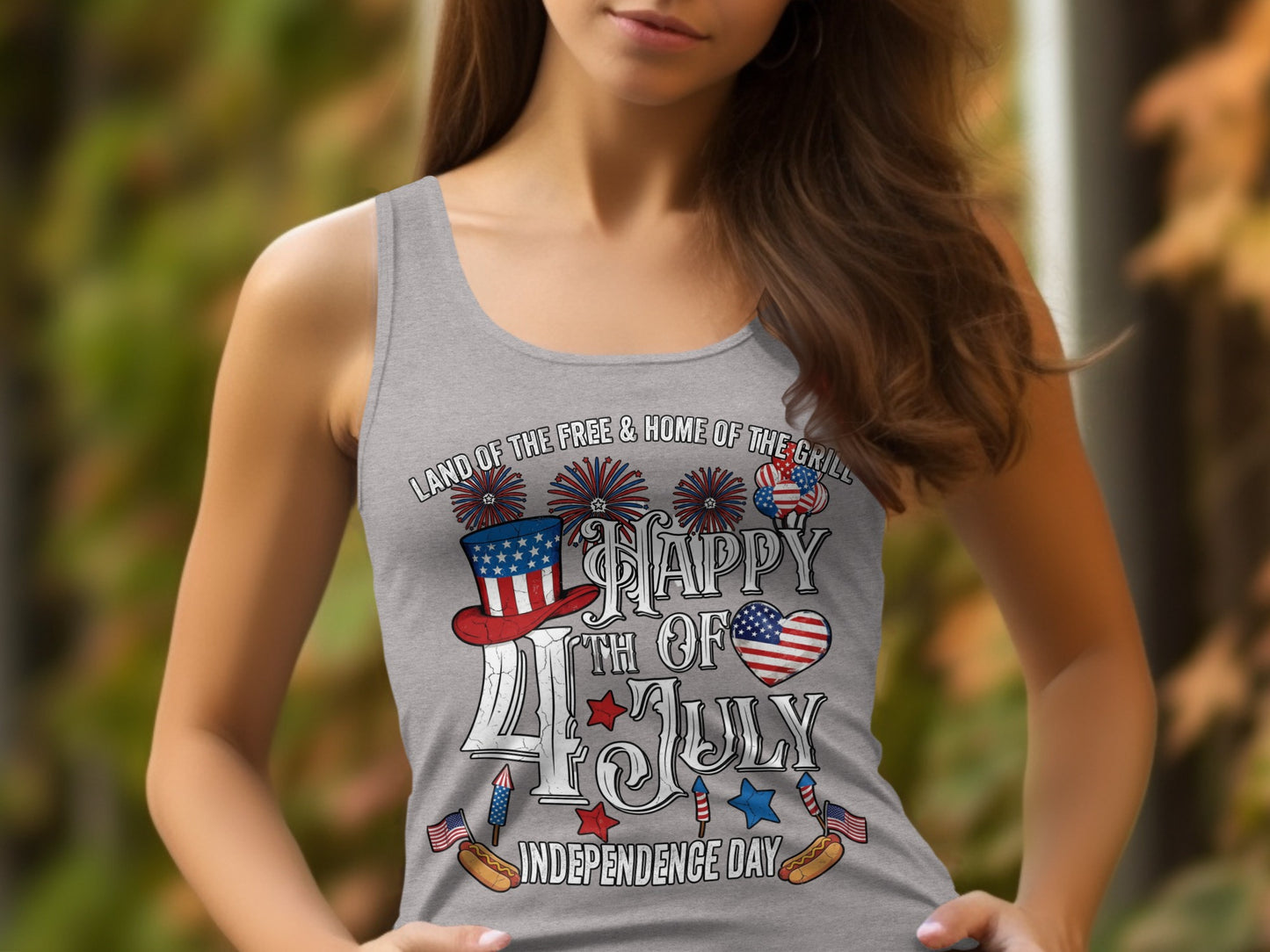 Gray tank top with "Happy 4th of July Independence Day" graphic.