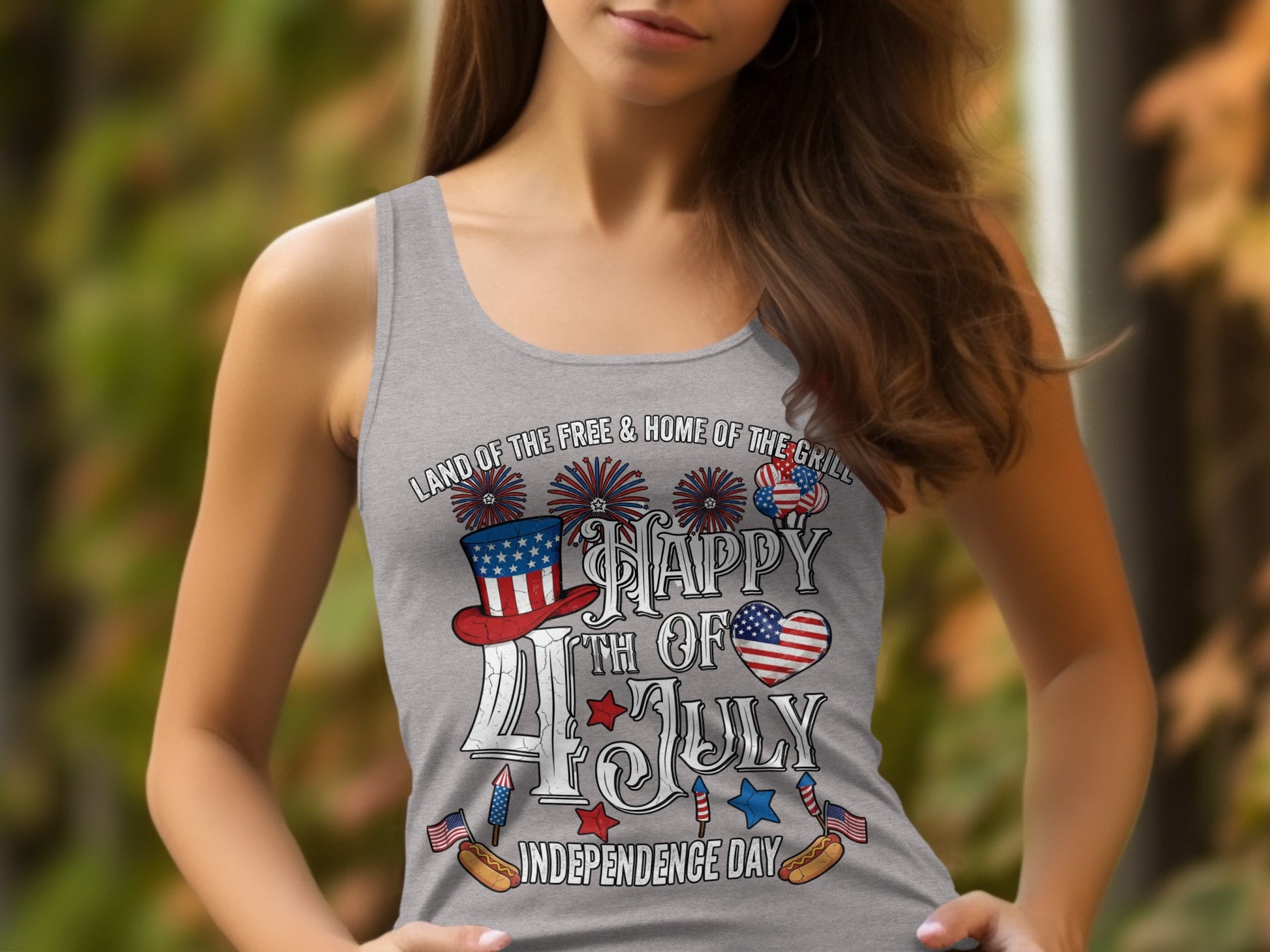 Gray tank top with "Happy 4th of July Independence Day" graphic.