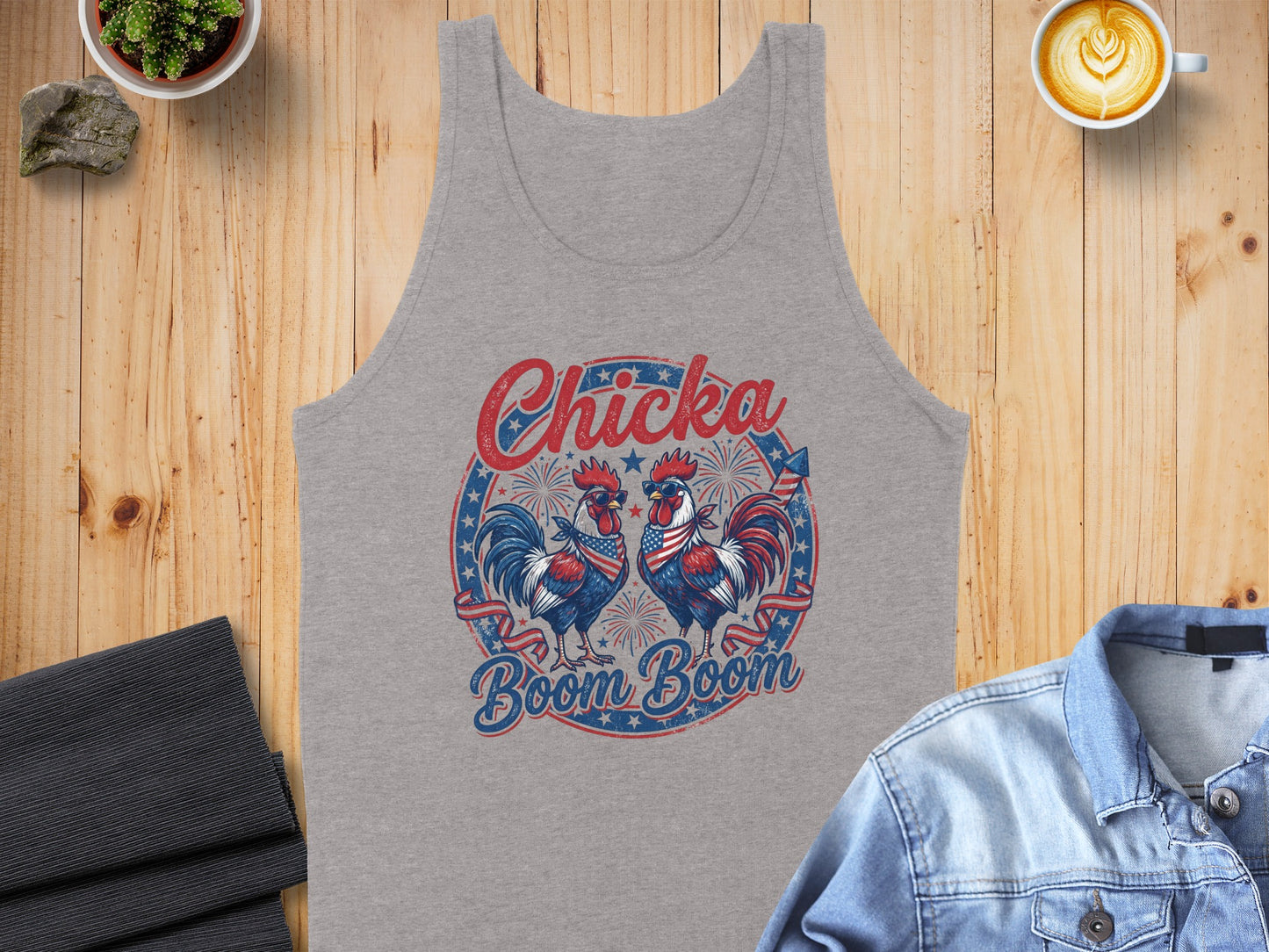 Gray tank top with roosters wearing bandanas and sunglasses, "Chicka Boom Boom" text.