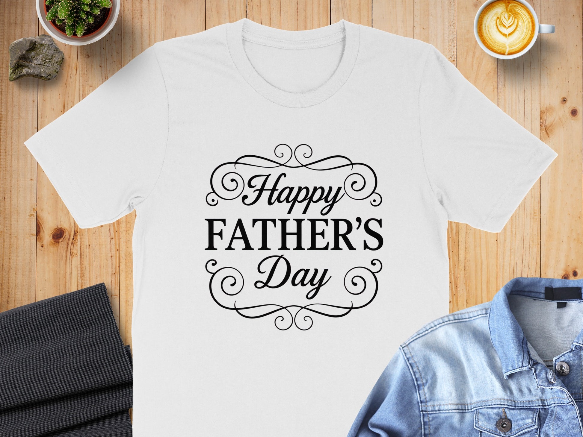 White t-shirt with "Happy Father's Day" text in ornate script.