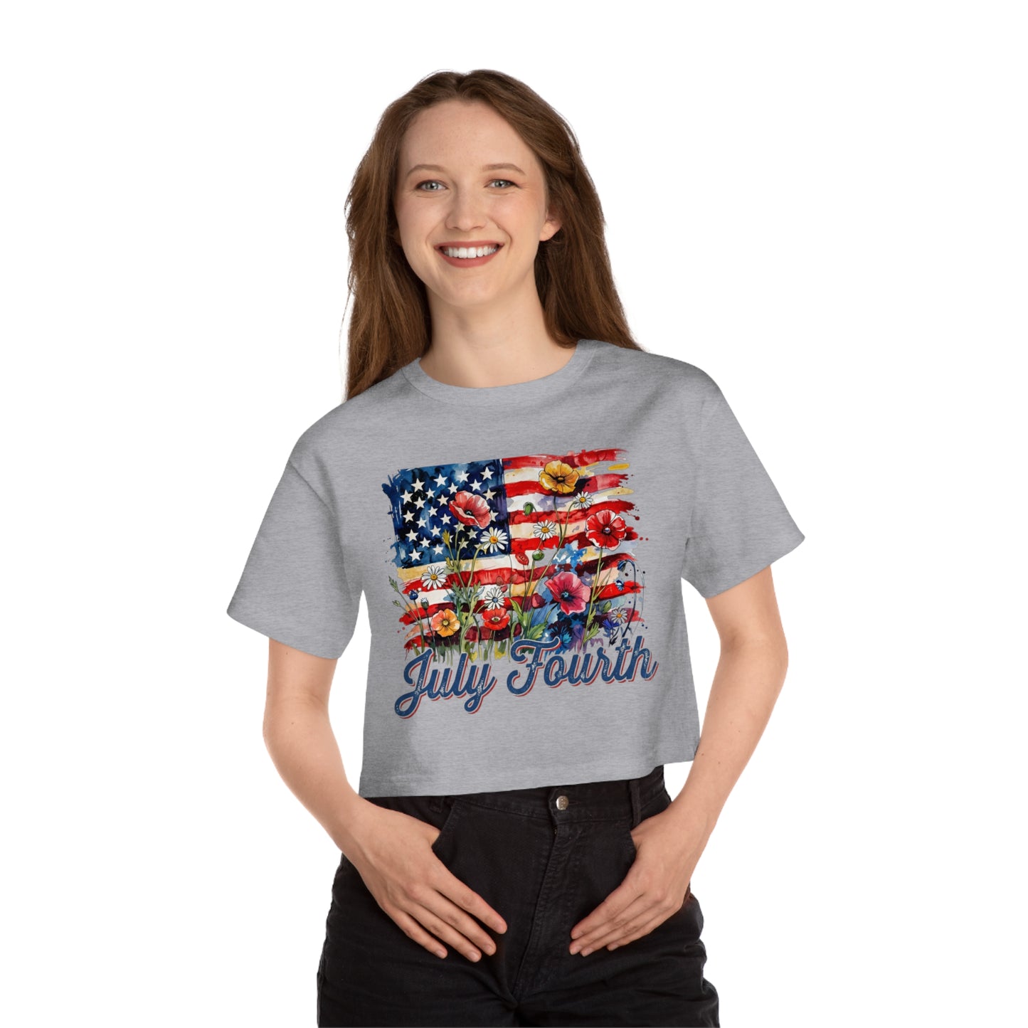 Gray crop top with watercolor American flag, floral design, and "July Fourth" text.