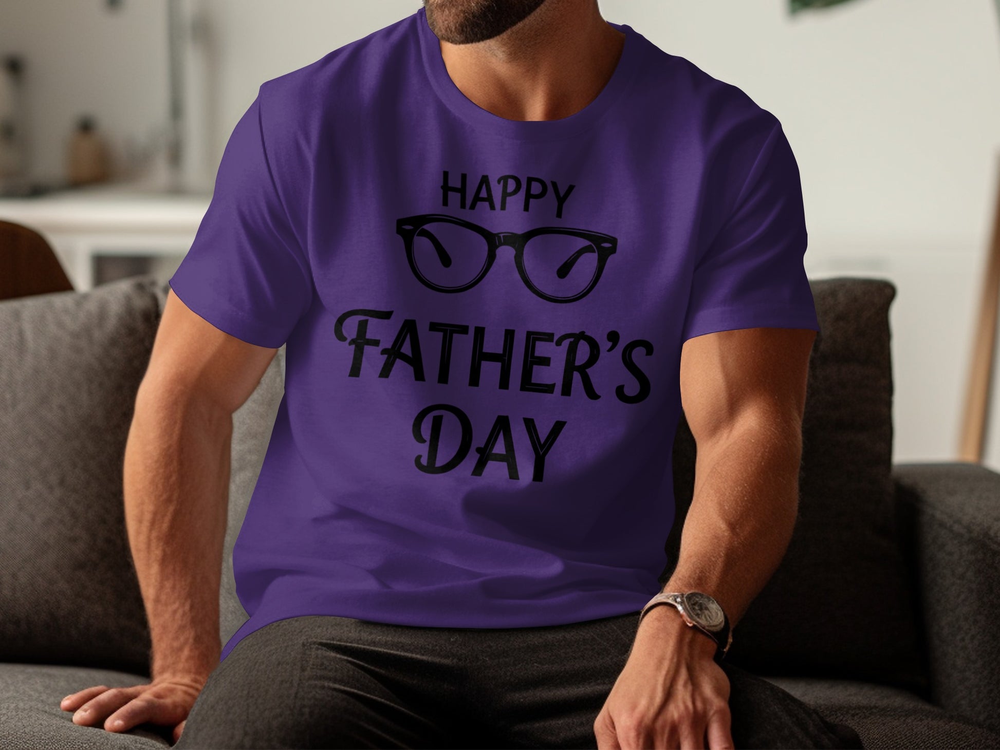 Purple t-shirt with "Happy Father's Day" and glasses graphic.