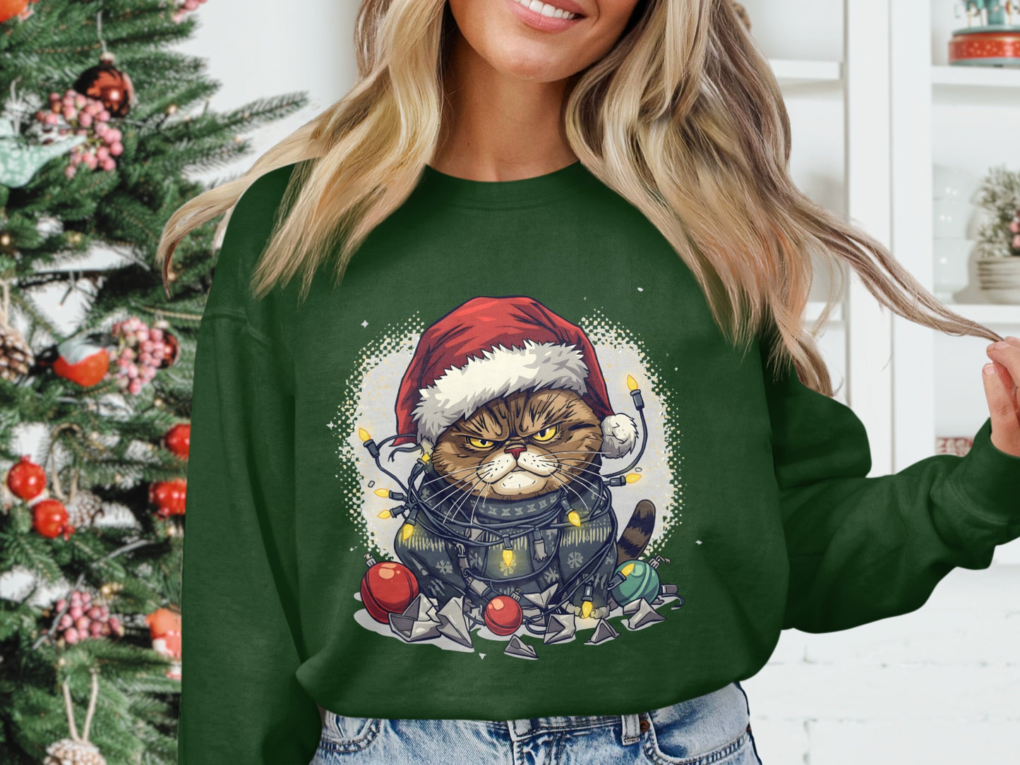 Grumpy Cat in Santa Hat Christmas Sweater Holiday Top