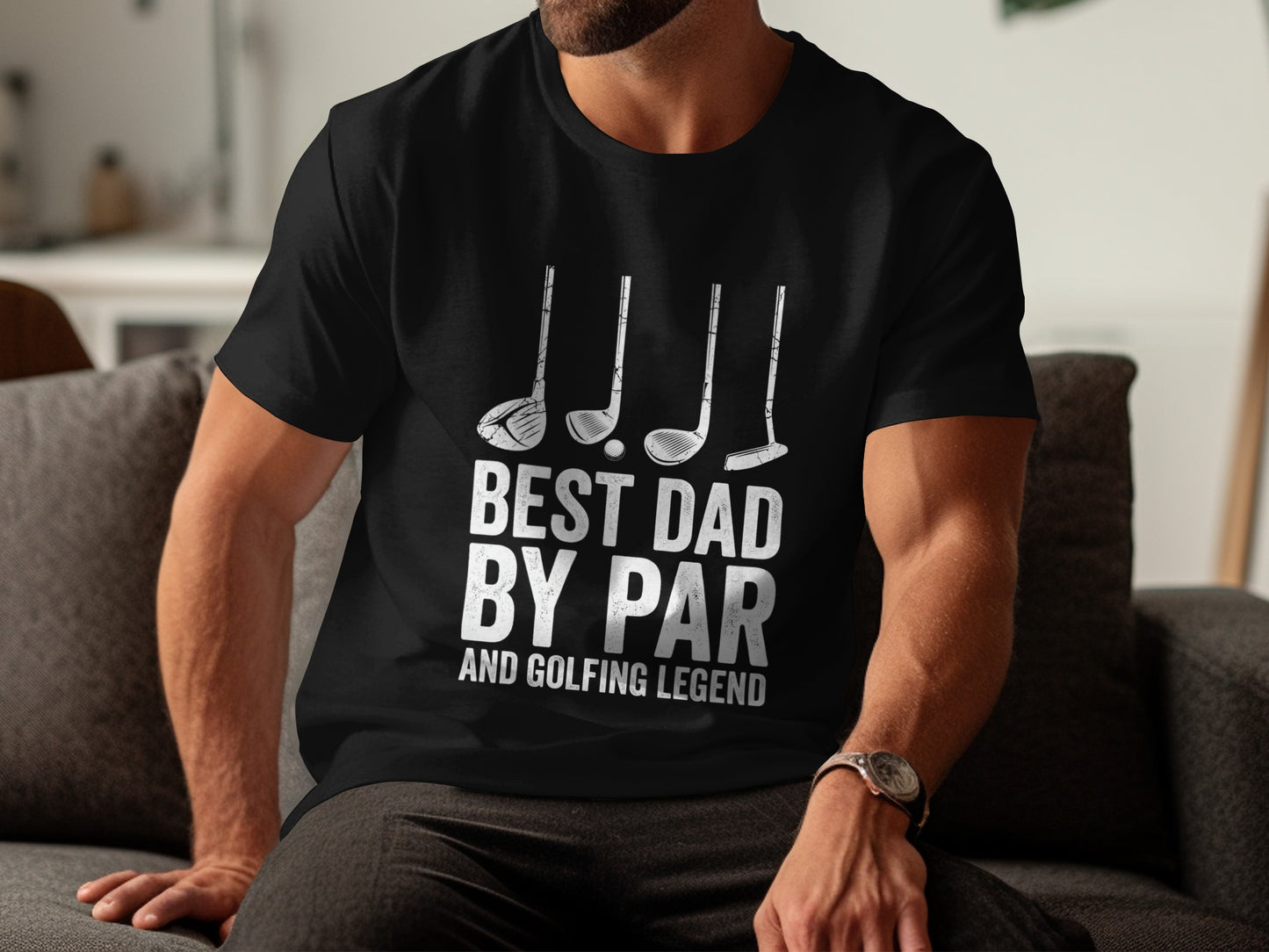 Black t-shirt with "BEST DAD BY PAR AND GOLFING LEGEND" and golf club graphics.
