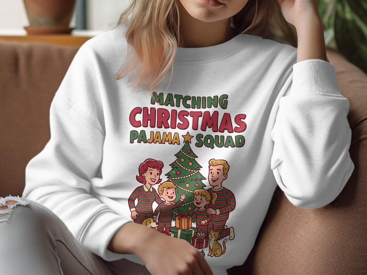 Crewneck sweatshirt with "Matching Christmas Pajama Squad" text and festive family graphic.