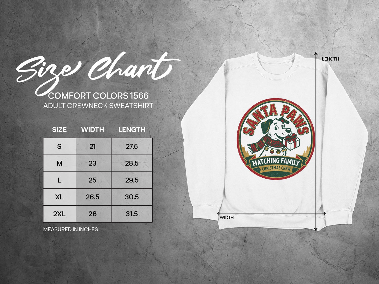 Size chart for adult crewneck sweatshirt with "Santa Paws" graphic.