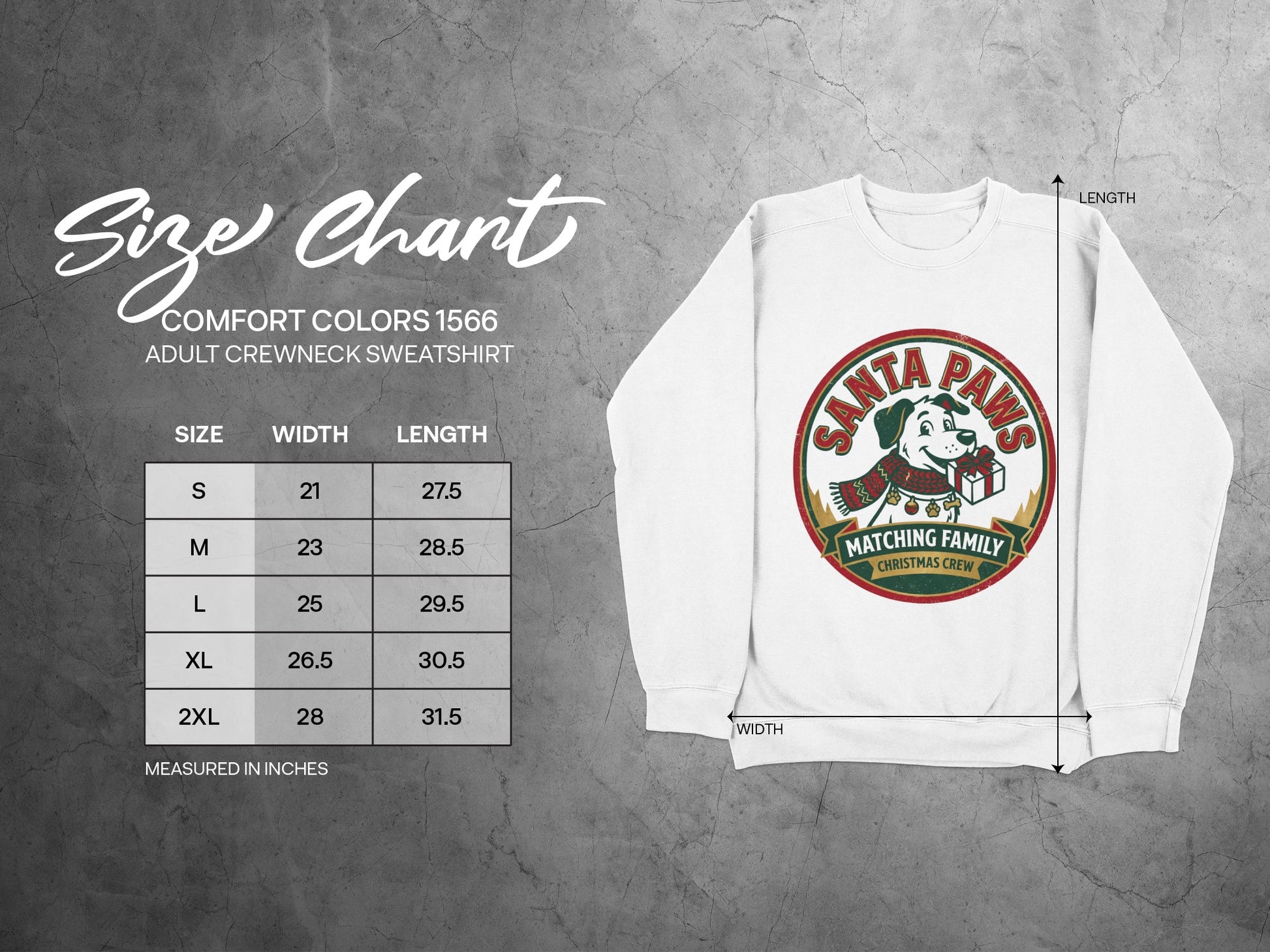 Size chart for adult crewneck sweatshirt with "Santa Paws" graphic.
