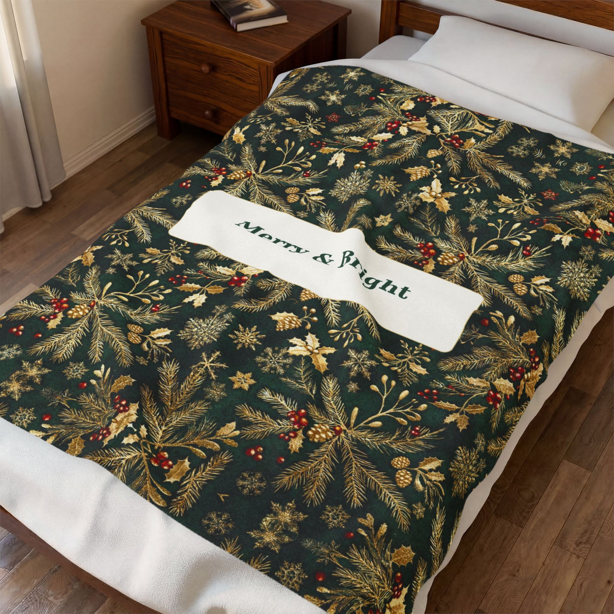 Merry & Bright | Evergreen Gold Velveteen Plush Blanket